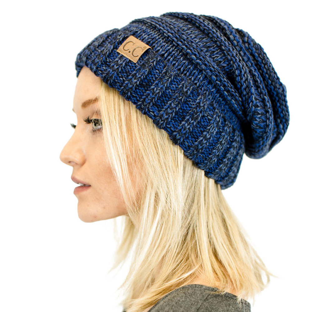 Unisex Knit Oversized Slouchy Beanie in Navy Mix